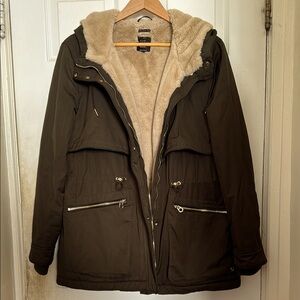 Zara TRF Olive Green Hooded Parka with Faux Fur Lining